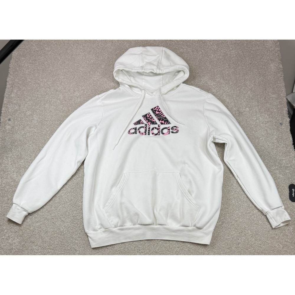 Adidas Women's 1X Cheetah Print White Pink Fleece Pocketed Drawstring Hoodie